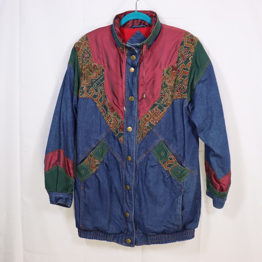 Vintage Two Twenty‎ Denim Tapestry Jacket Size M 90s Colorblock